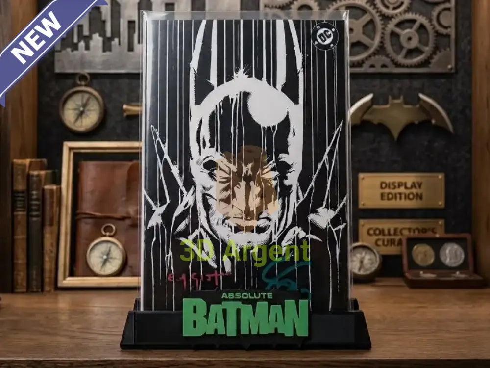 Absolute Batman comic slab display stand, black base with black and green Absolute Batman wordmark, shown with a graded comic slab