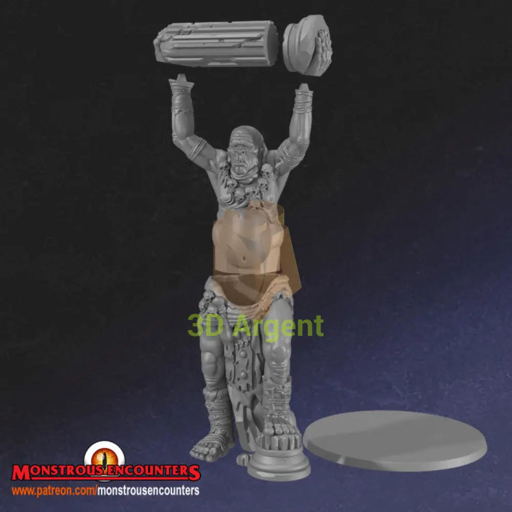Cyclops 32mm resin miniature component parts, showing the upper body, lower body, two-piece column weapon and base unassembled