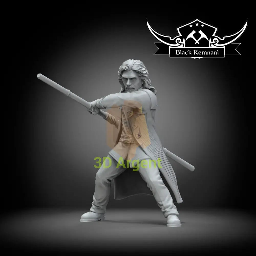 Marcus Cole, an unpainted Black Remnant resin miniature render of a human figure wielding a two-piece fighting pike