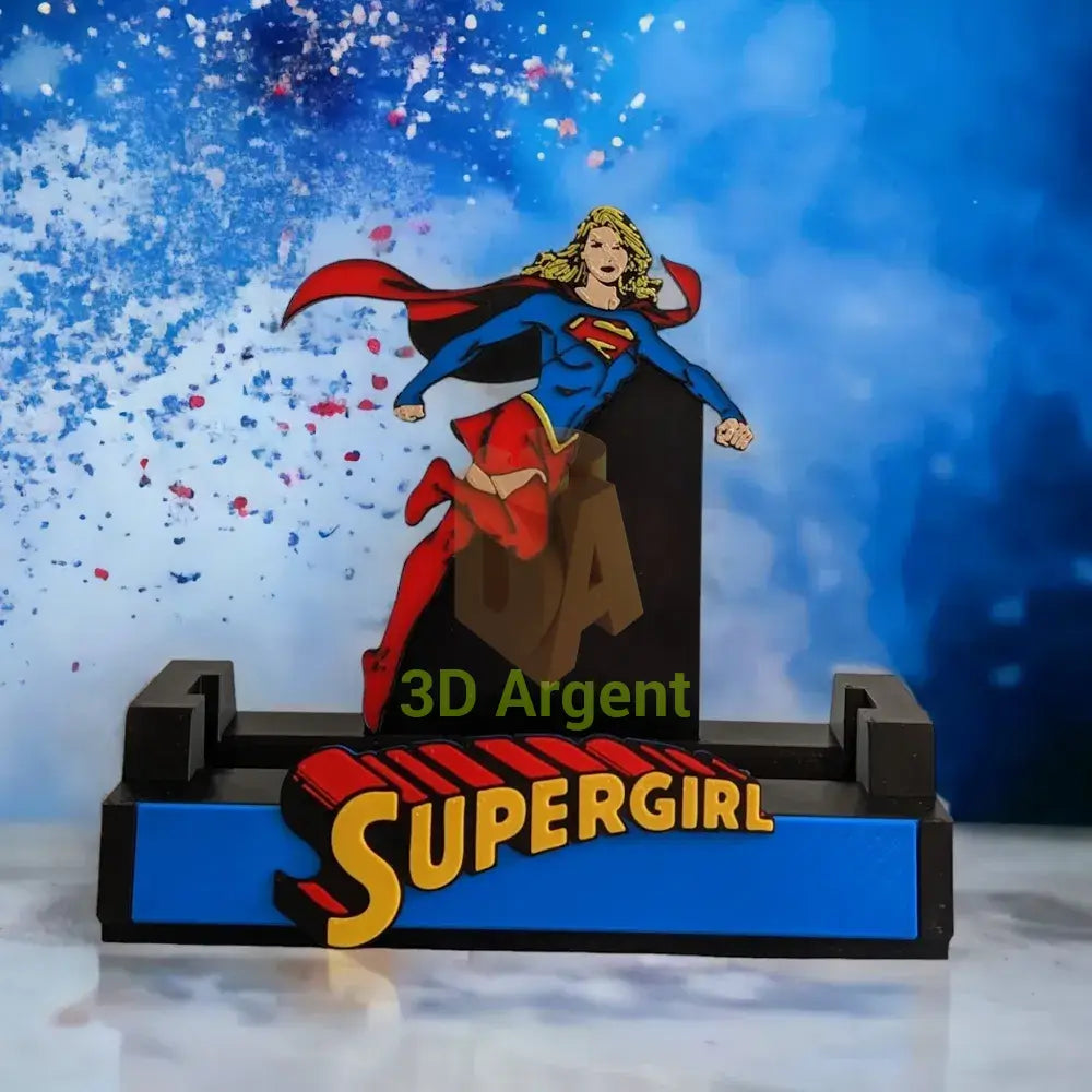 Front view of the Supergirl comic display stand, multi-colour PLA print with Supergirl character and wordmark logo