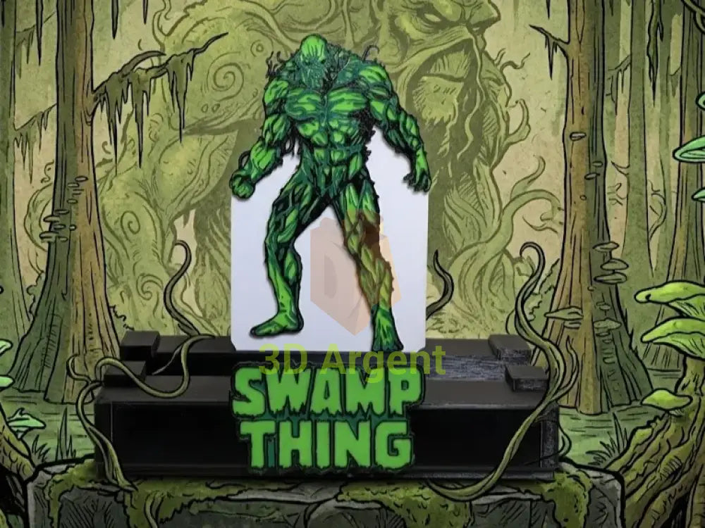 Swamp Thing comic display stand with printed character backdrop panel and green Swamp Thing wordmark base