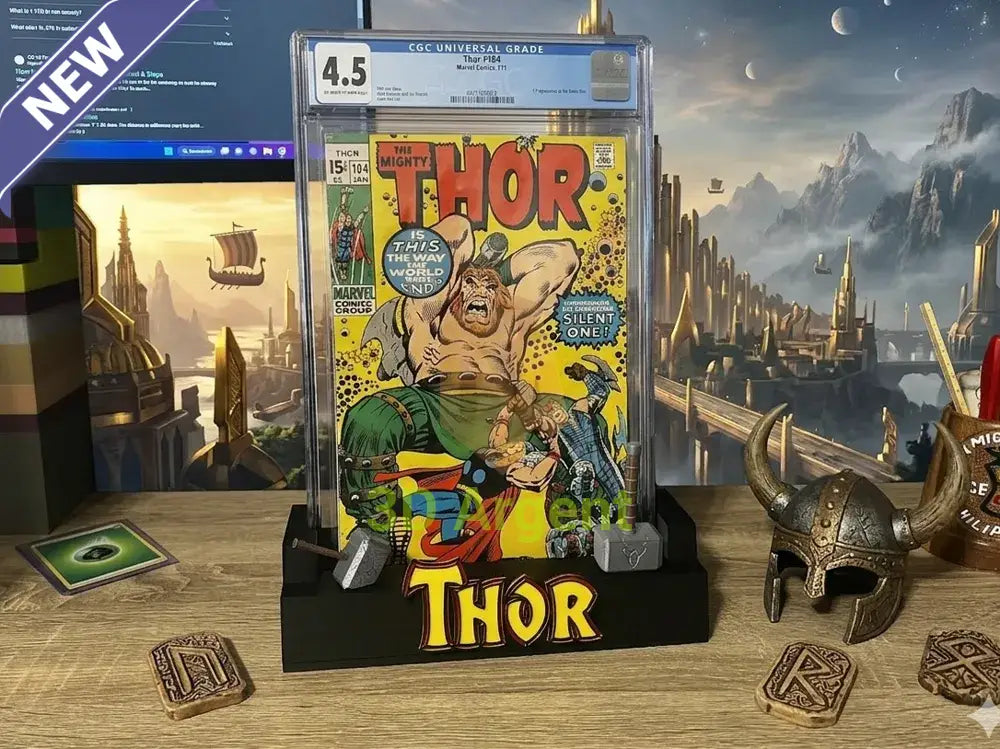 Thor comic display stand, black base with red and yellow Thor wordmark, shown holding a graded comic slab (slab not included)
