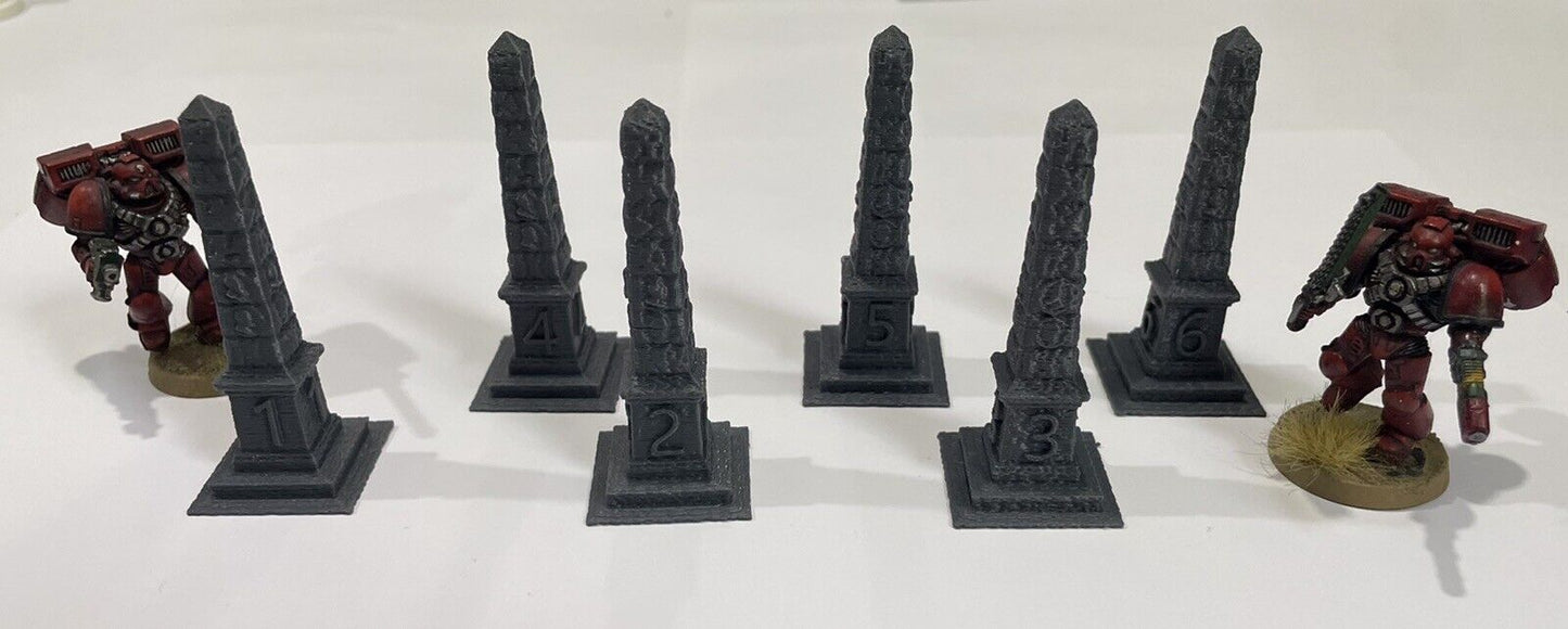 6 Objective/location Obelisk markers for Warhammer, Kill Team, 40k or D&D 28 mm