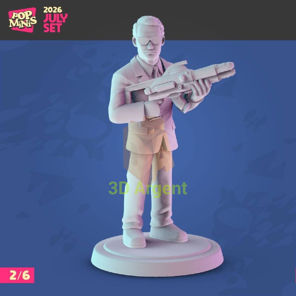 Render of figure 2 Agent J secret agent miniature carrying a futuristic weapon