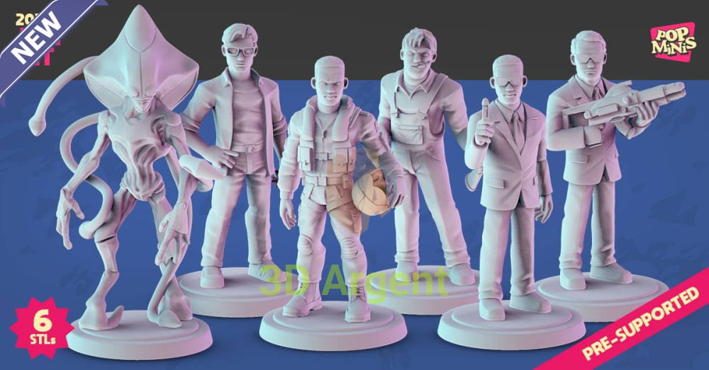 Group render of all six Pop Minis July alien and secret agent miniatures