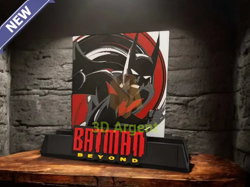 Batman Beyond comic display stand with multi-colour illustrated panel and BATMAN BEYOND wordmark base