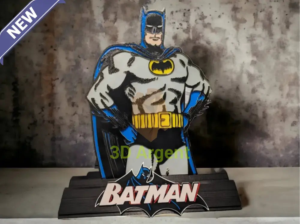 Batman comic display stand with multi-colour classic Batman figure and BATMAN wordmark base