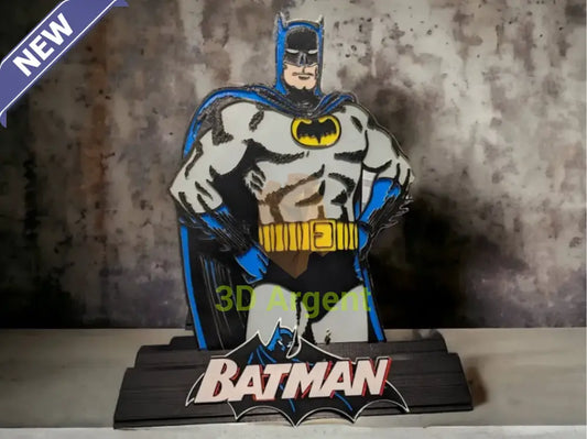 Batman comic display stand with multi-colour classic Batman figure and BATMAN wordmark base