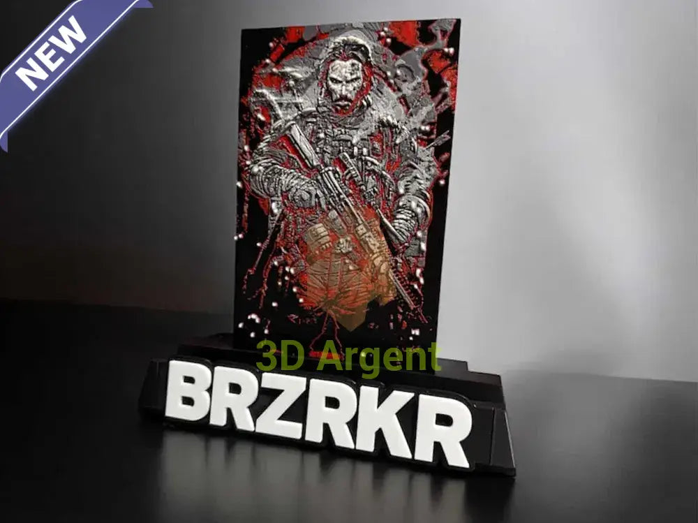BRZRKR comic display stand with raised multi-colour character front plate and BRZRKR wordmark base, studio render on grey background