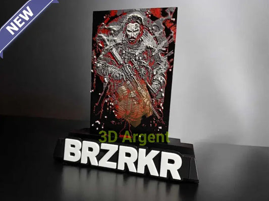 BRZRKR comic display stand with raised multi-colour character front plate and BRZRKR wordmark base, studio render on grey background