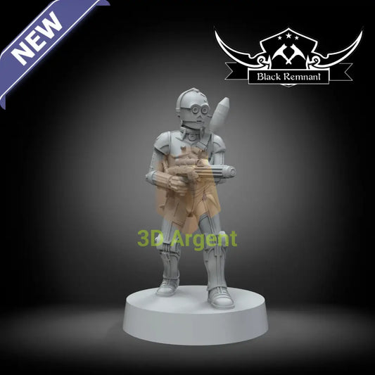 Unpainted grey resin preview render of the Black Remnant armed protocol droid, standing on a round base with a heavy two-handed blaster