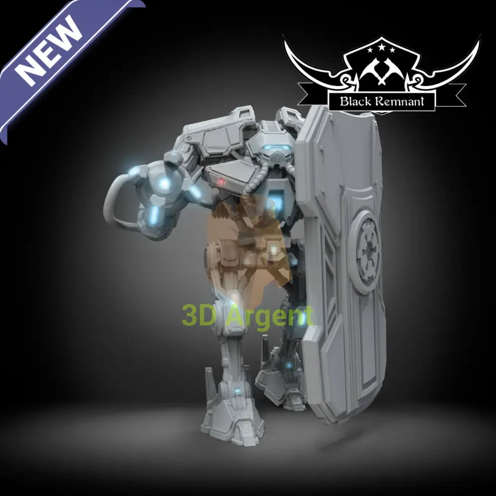 Carbonite War Droid, an unpainted Black Remnant resin miniature render of a shield-bearing war droid