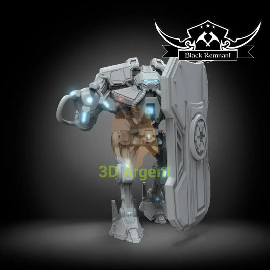 Carbonite War Droid, an unpainted Black Remnant resin miniature render of a shield-bearing war droid