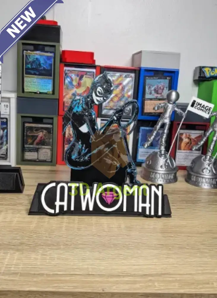 Catwoman comic display stand with detailed multi-tone Catwoman figure and CATWOMAN wordmark base