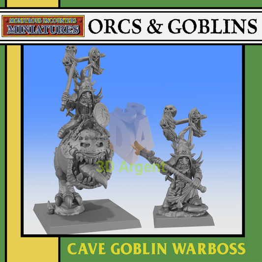 Digital render showing the Cave Goblin Warboss mounted on Giant Gobbler Maw alongside the unmounted version