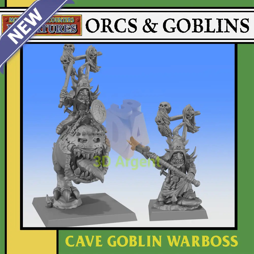 Digital render showing the Cave Goblin Warboss mounted on Giant Gobbler Maw alongside the unmounted version