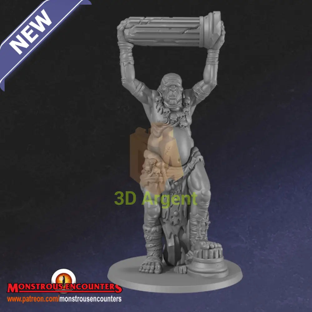 Cyclops 32mm resin miniature render, a large one-eyed giant hoisting a stone column overhead, assembled on a round base