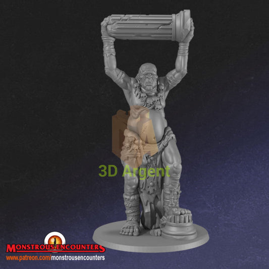 Cyclops 32mm resin miniature render, a large one-eyed giant hoisting a stone column overhead, assembled on a round base