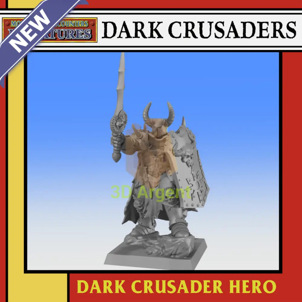 Dark Crusader Hero 32mm resin miniature render showing an armoured warrior with a horned helmet, raised sword and shield on a square base