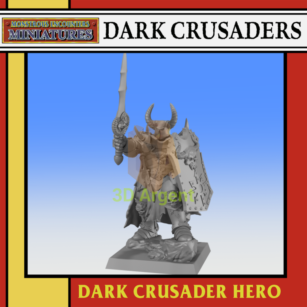 Dark Crusader Hero 32mm resin miniature render showing an armoured warrior with a horned helmet, raised sword and shield on a square base
