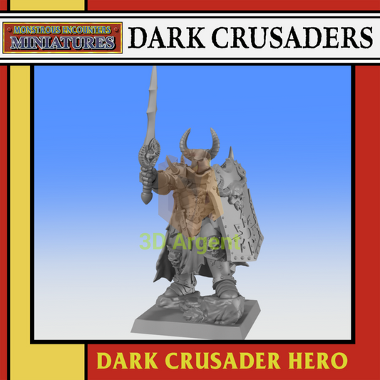 Dark Crusader Hero 32mm resin miniature render showing an armoured warrior with a horned helmet, raised sword and shield on a square base