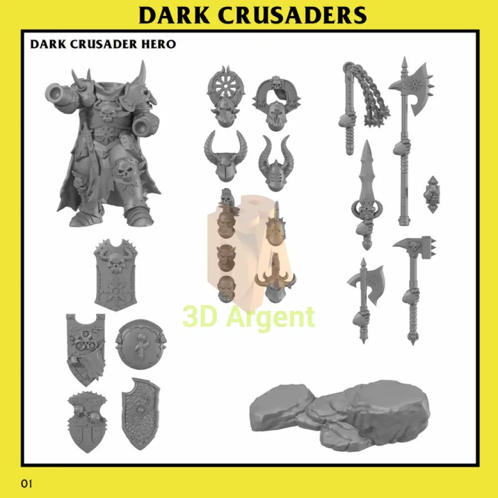 Dark Crusader Hero component sheet showing interchangeable heads, shoulder pads, weapons, shields and base options