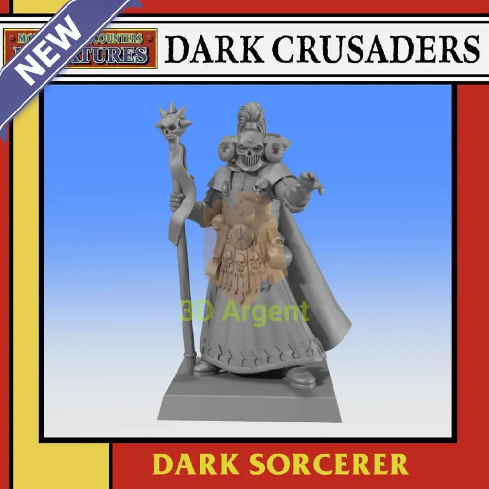 Unpainted 32mm Dark Sorcerer resin miniature render, horned skull-faced helm, holding a skull-topped staff