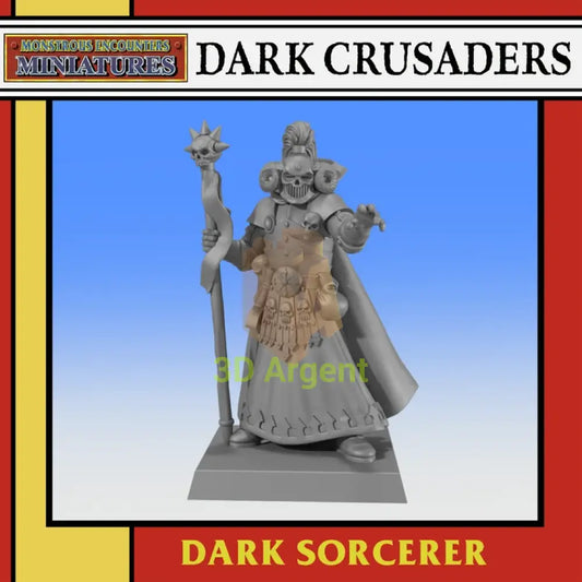Unpainted 32mm Dark Sorcerer resin miniature render, horned skull-faced helm, holding a skull-topped staff