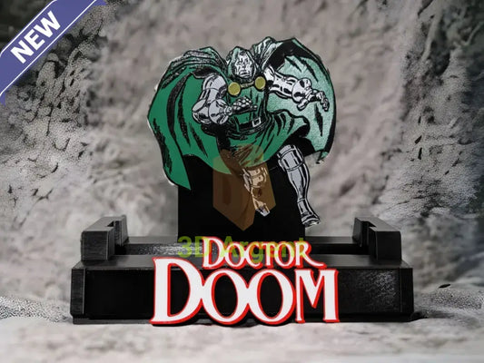 Doctor Doom comic display stand with detailed multi-colour Doctor Doom figure and DOCTOR DOOM wordmark base
