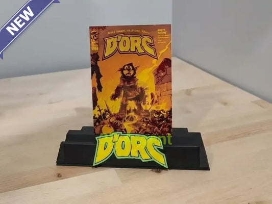 D'Orc comic display stand holding an unslabbed comic book, front logo plate visible