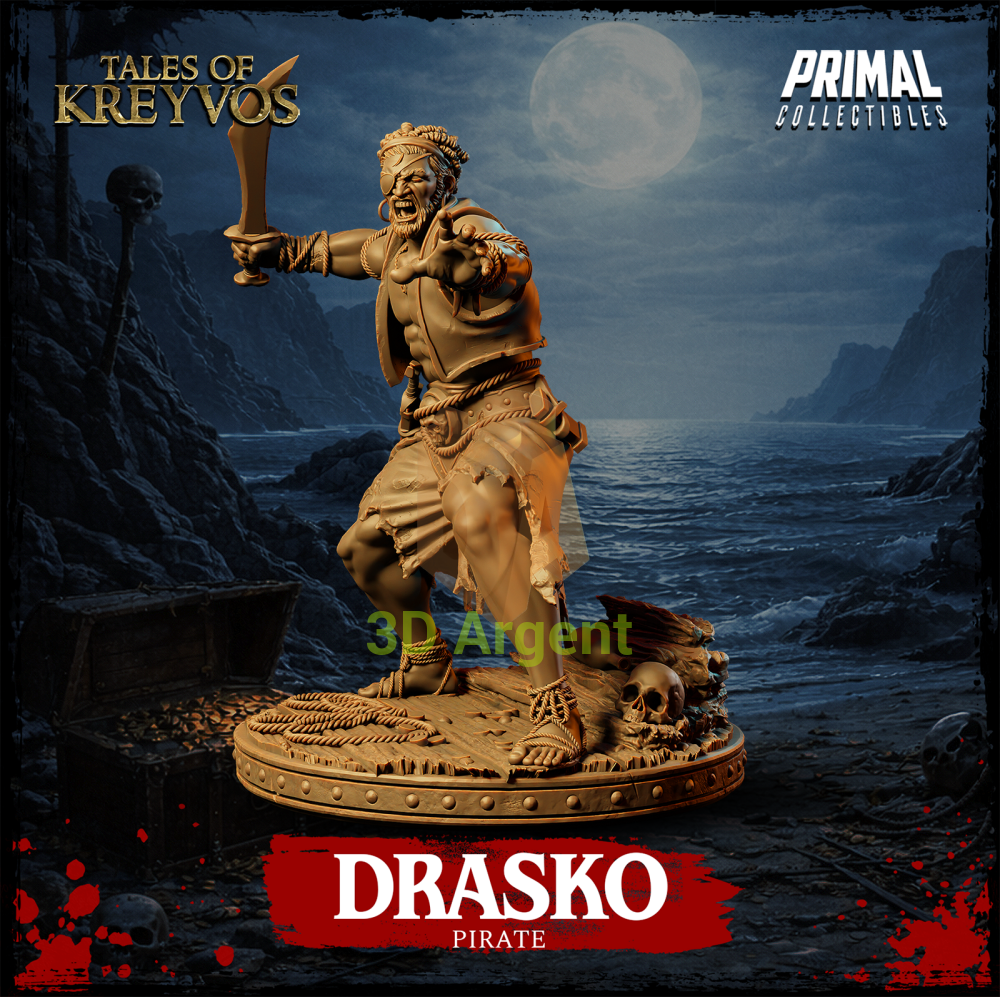 Drasko the Pirate resin miniature — three-quarter view showing rope-bound forearms and base detail