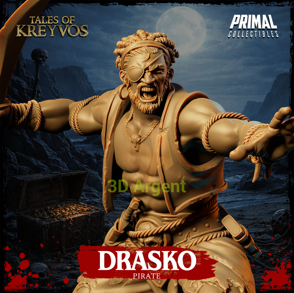 Drasko the Pirate resin miniature — close-up hero shot showing eyepatch, dreadlocked hair, beard, and skull-pendant necklace