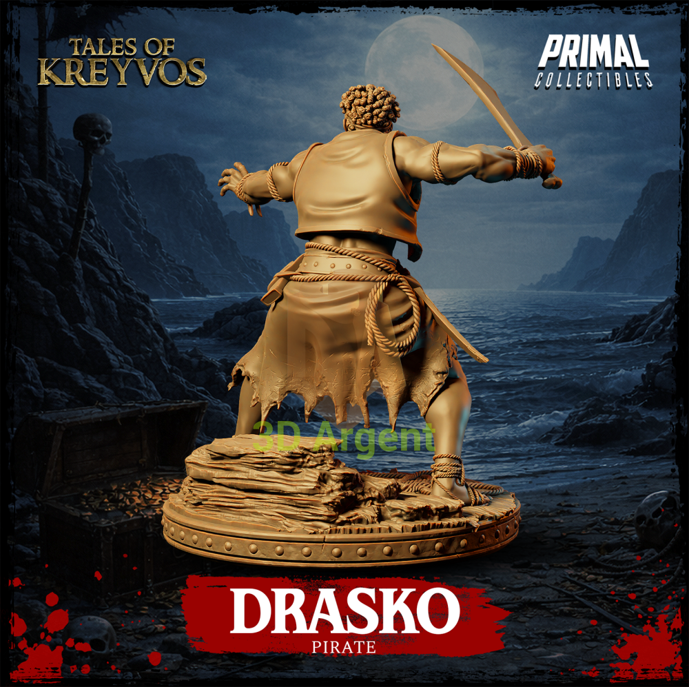 Drasko the Pirate resin miniature — rear view showing base plinth
