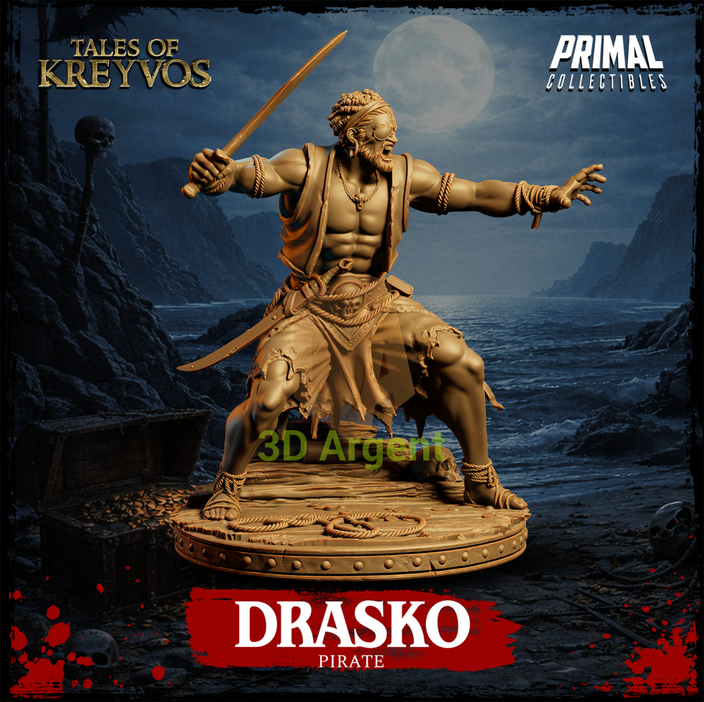 Drasko the Pirate resin miniature — side view showing pose and base
