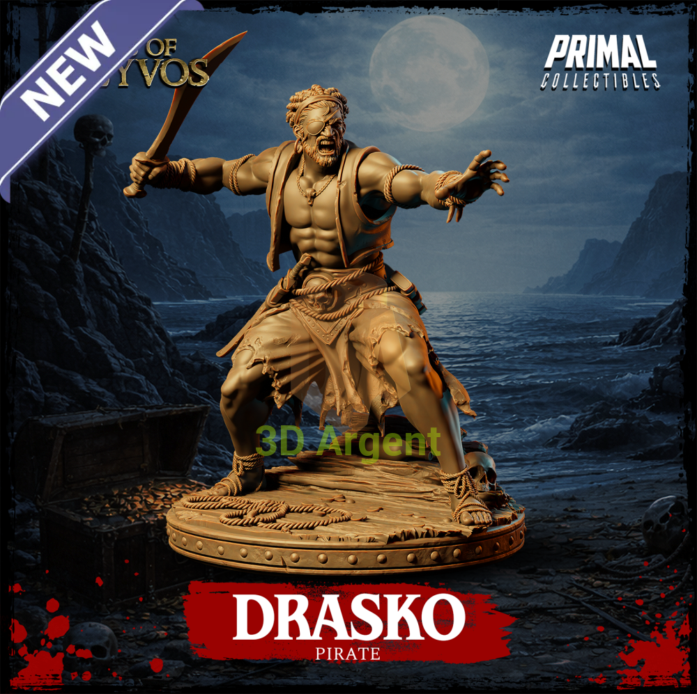 Drasko the Pirate resin miniature — front view, cutlass raised, peg leg, standing on a wooden dock base