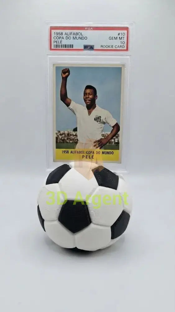 Front view of dual-colour soccer ball card stand with a PSA graded card inserted
