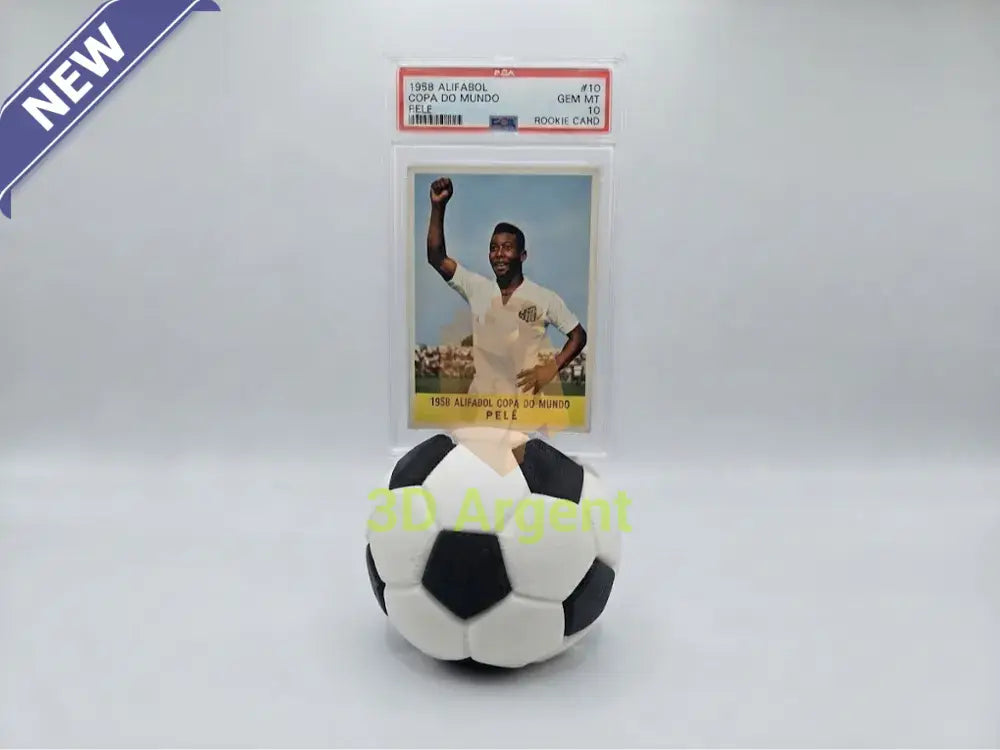 Dual-colour black and white soccer ball display stand holding a PSA graded football card