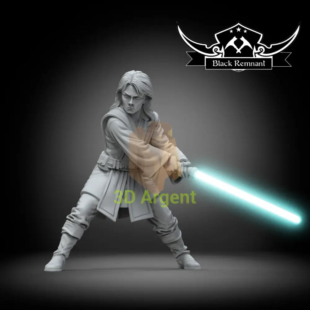 Etain Tur-Mukan, an unpainted Black Remnant resin miniature render of a human figure wielding a lightsaber