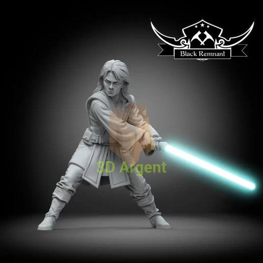 Etain Tur-Mukan, an unpainted Black Remnant resin miniature render of a human figure wielding a lightsaber