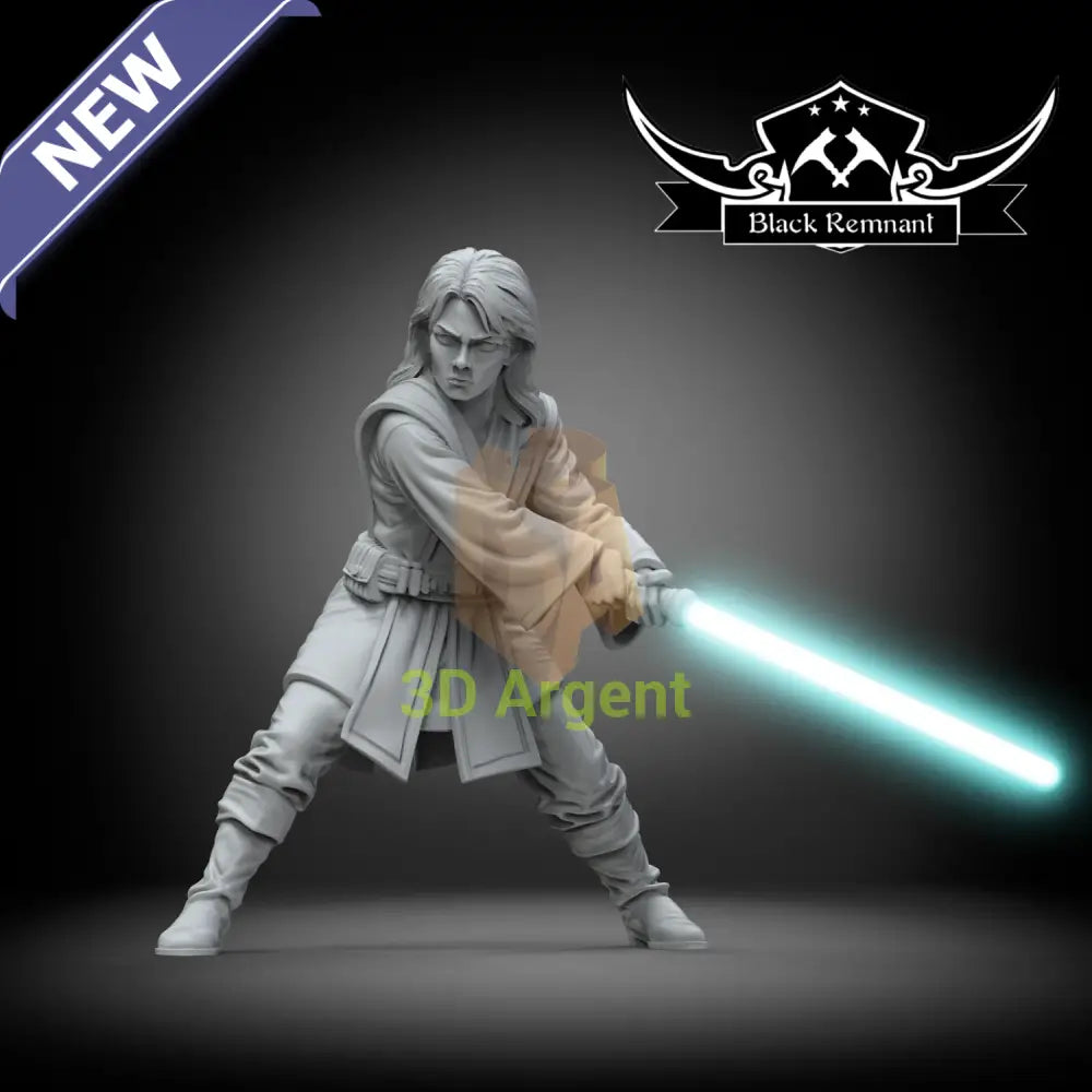 Etain Tur-Mukan, an unpainted Black Remnant resin miniature render of a human figure wielding a lightsaber