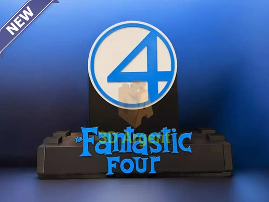 Fantastic Four comic display stand with the 4 logo emblem and Fantastic Four wordmark base