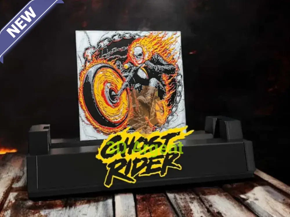 Ghost Rider comic display stand with multi-colour flame illustration panel and GHOST RIDER wordmark base