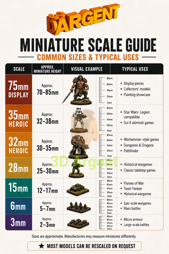 3D Argent miniature scale guide, from 75mm display scale to 3mm micro scale