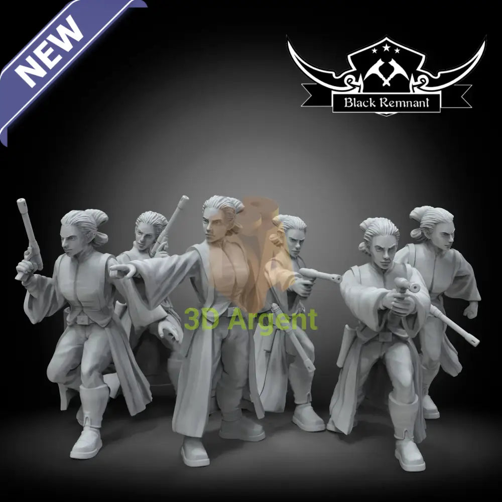 Group of six unpainted grey-resin Legion-compatible miniatures in varied action poses, holding blaster pistols, rifles and a baton, styled as a matched guard/handmaiden squad