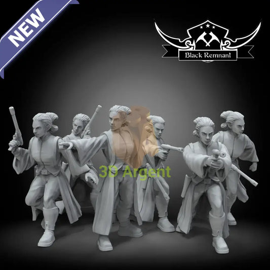 Group of six unpainted grey-resin Legion-compatible miniatures in varied action poses, holding blaster pistols, rifles and a baton, styled as a matched guard/handmaiden squad