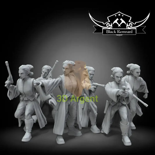 Group of six unpainted grey-resin Legion-compatible miniatures in varied action poses, holding blaster pistols, rifles and a baton, styled as a matched guard/handmaiden squad