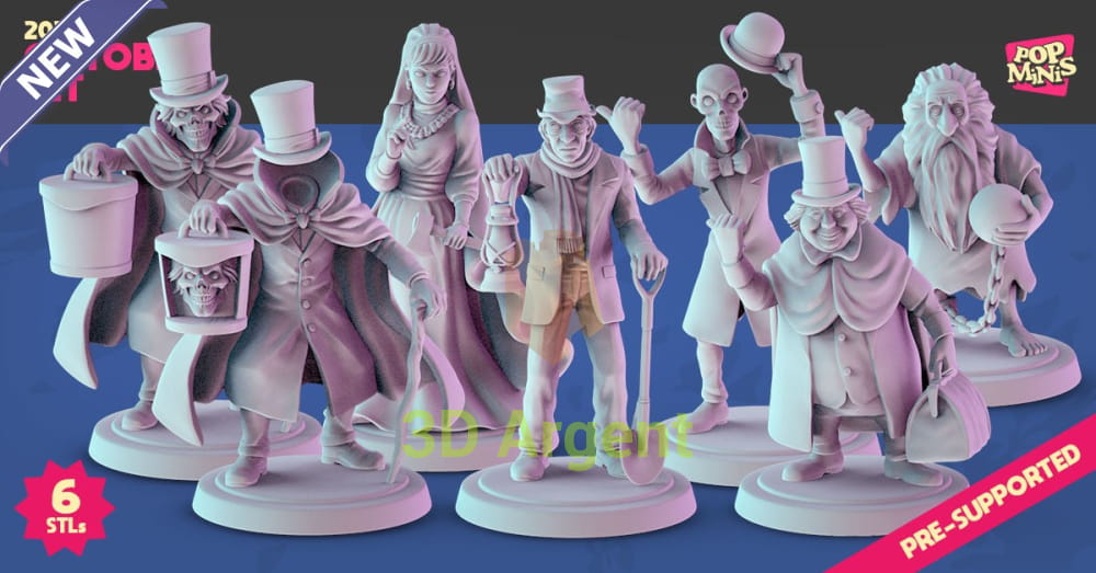 Pop Minis October 2026 set showing six haunted manor character miniatures and alternate Hatbox Ghost display parts