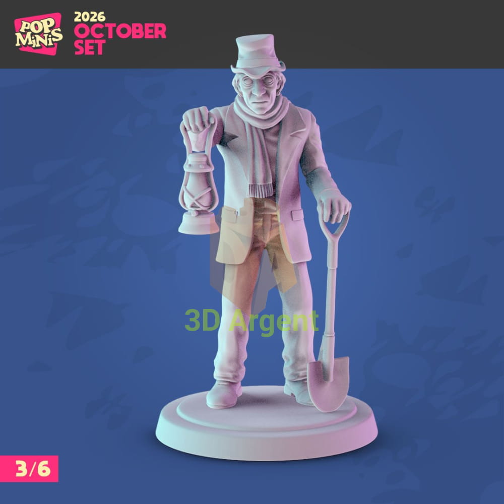 Pop Minis groundskeeper miniature holding a lantern beside a shovel