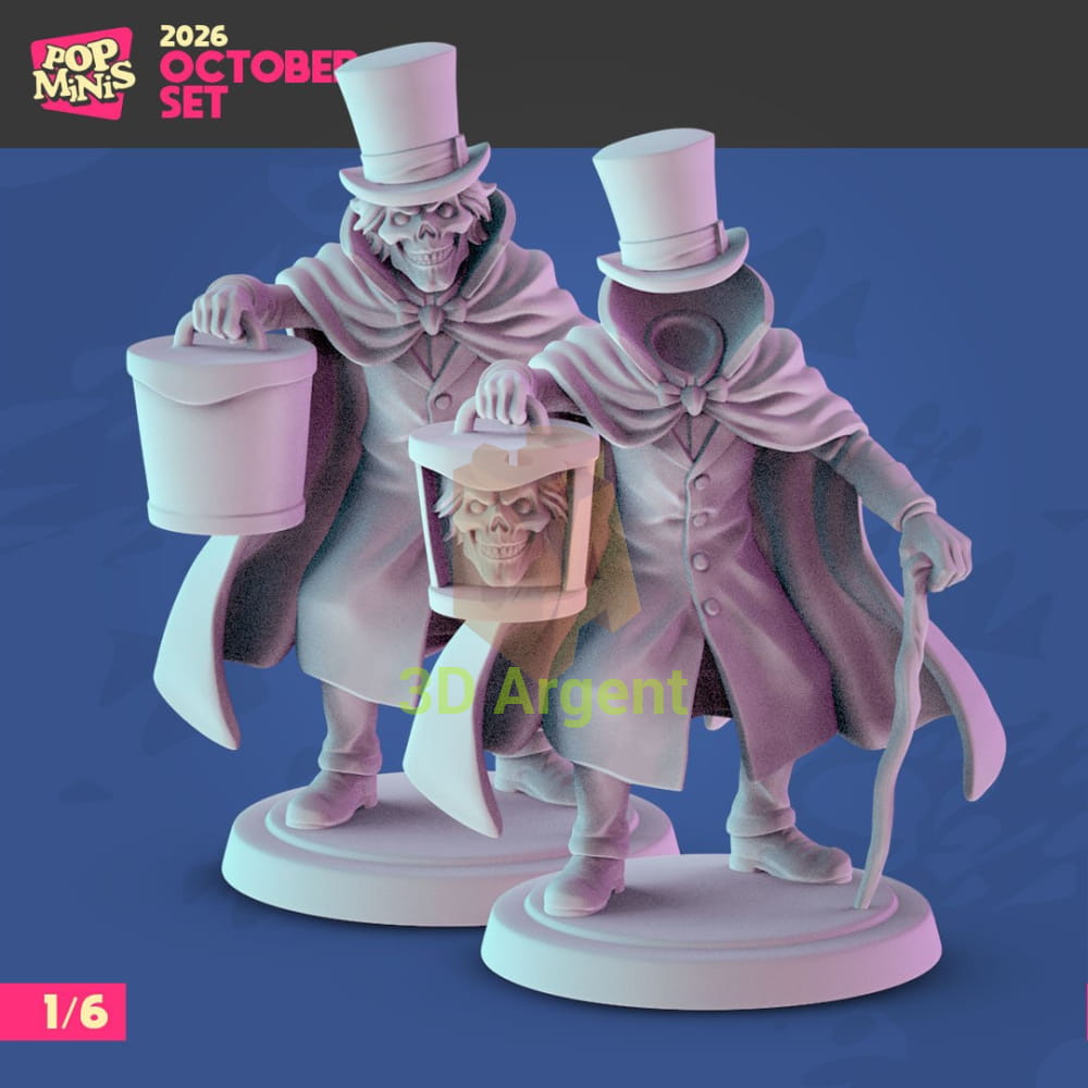 Pop Minis Hatbox Ghost miniature shown with two alternate lantern and head configurations