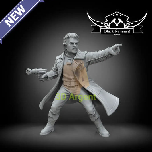 Hawks, an unpainted Black Remnant resin miniature render of a bearded human figure in a coat holding a blaster pistol